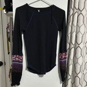 Free People Black Long Sleeve Top with Patterned Sleeves